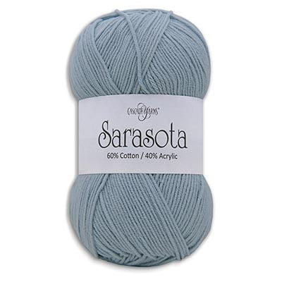 A skein of light blue-gray yarn with a white paper label reading 'Cotton yarn Sarasota 60% Cotton / 40% Acrylic' on a white background.